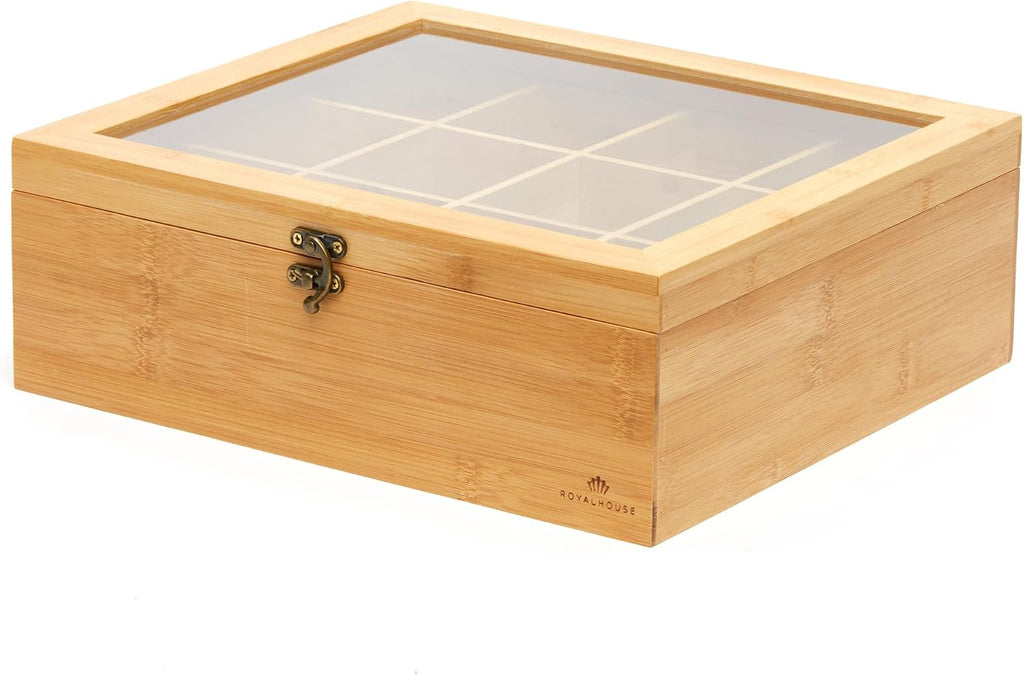 Bamboo Tea Storage Box with Clear Lid, 12 Compartments