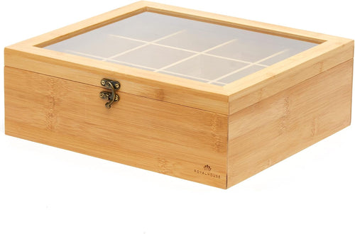 Bamboo Tea Storage Box with Clear Lid, 12 Compartments