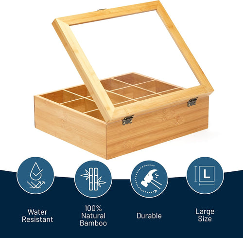 Bamboo Tea Storage Box with Clear Lid, 12 Compartments