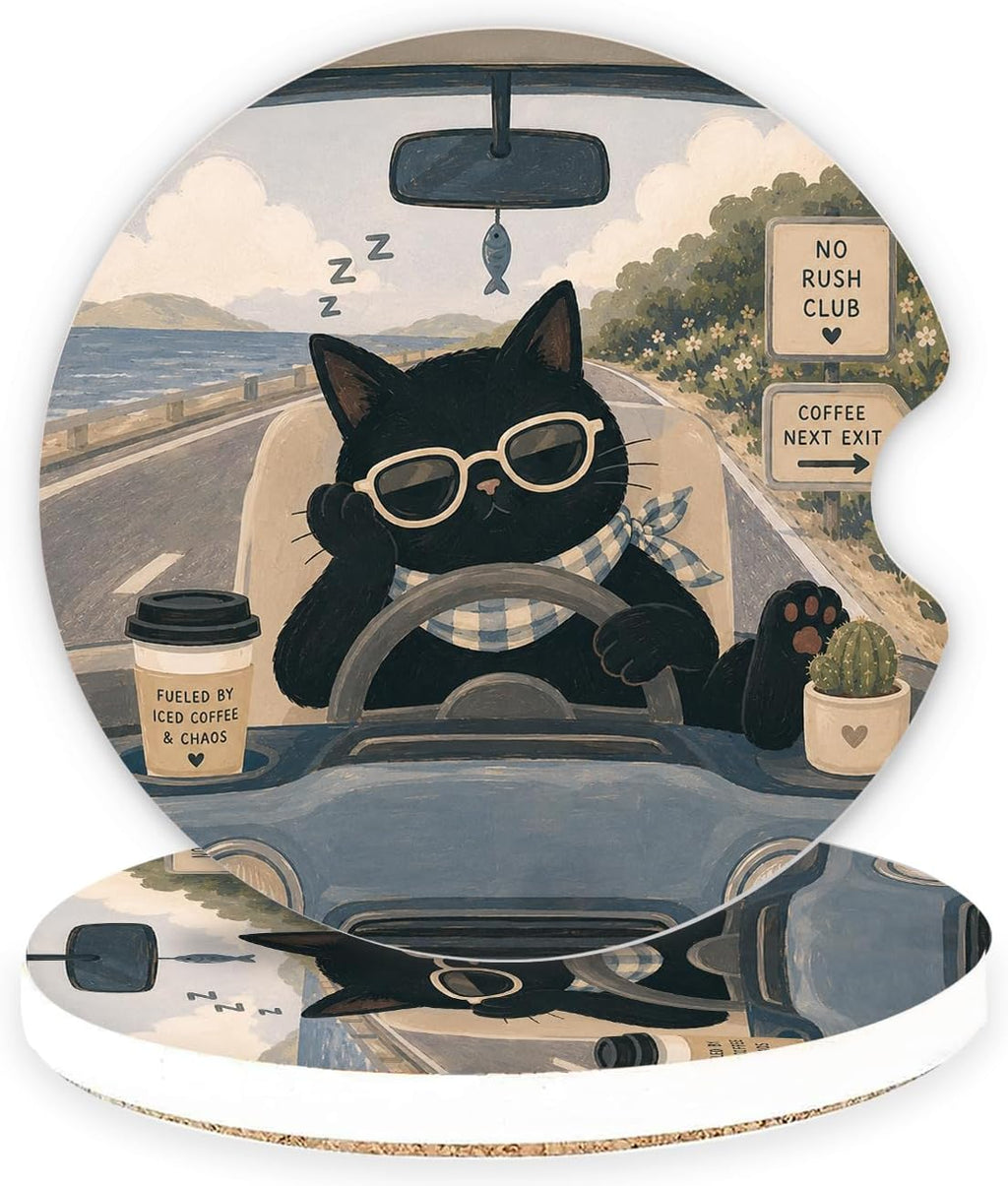 Black Cat Car Cup Holder Coasters, Set of 2