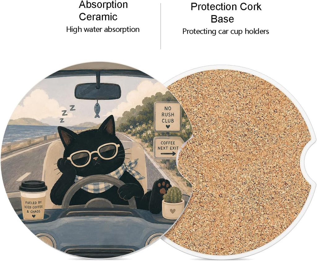 Black Cat Car Cup Holder Coasters, Set of 2
