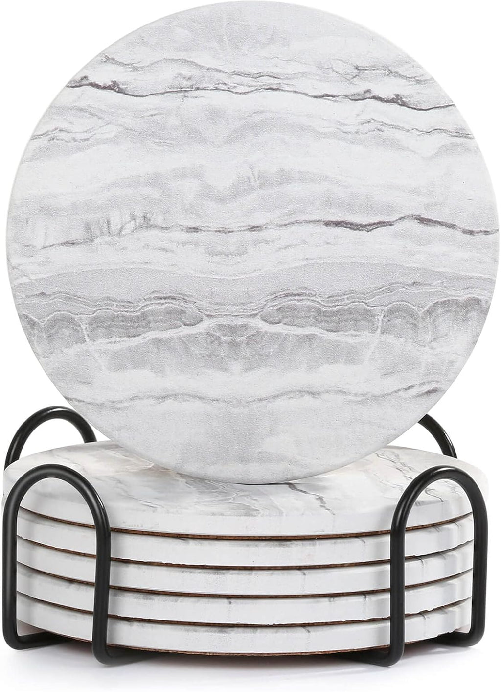 Grey Marble Ceramic Drink Coasters with Holder, Set of 6
