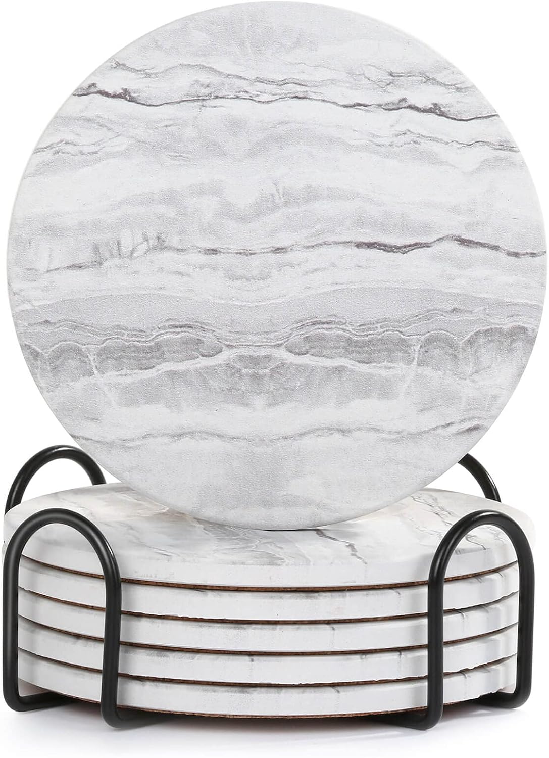 Grey Marble Ceramic Drink Coasters with Holder, Set of 6