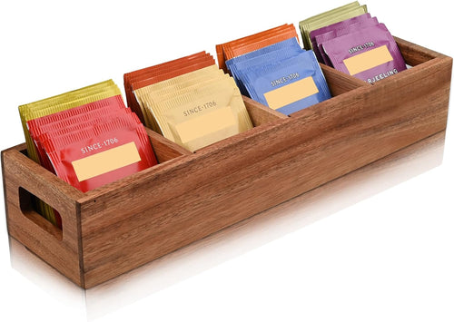 Acacia Wood Tea Bag Organizer Tray with Four Compartments