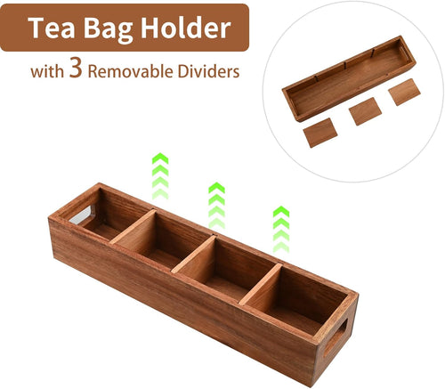 Acacia Wood Tea Bag Organizer Tray with Four Compartments