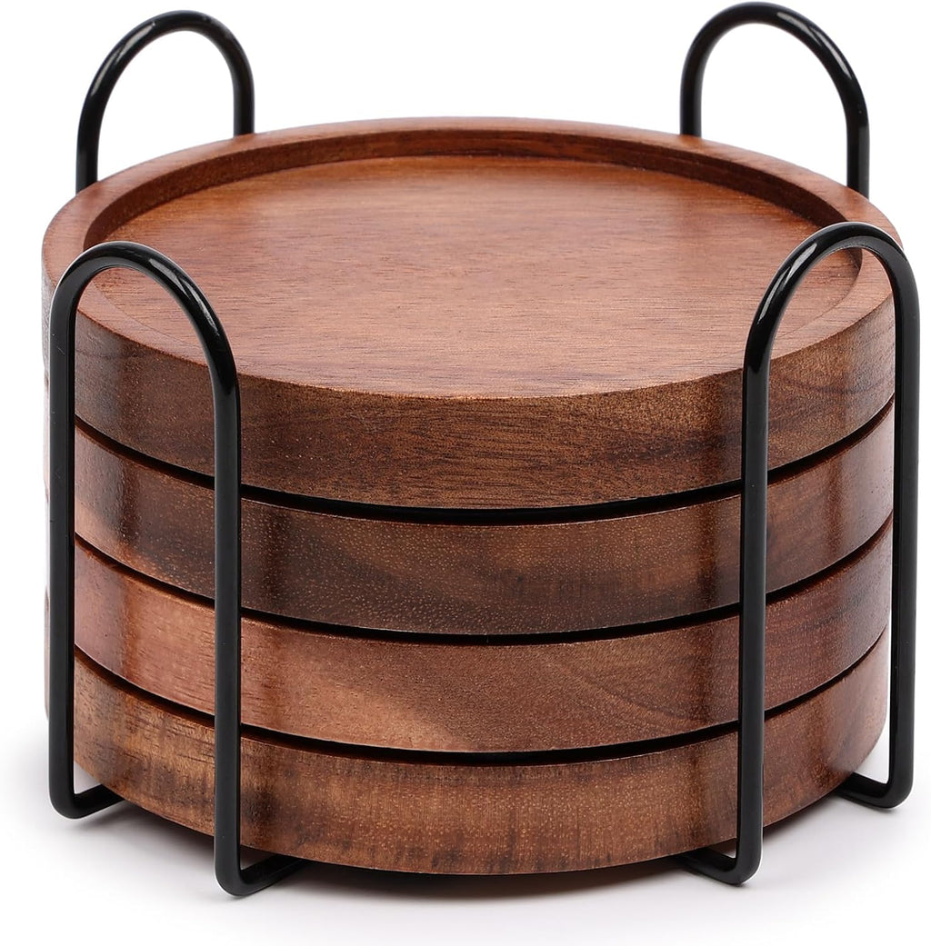 Round Acacia Wood Drink Coasters with Metal Holder, Set of 4
