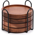 Round Acacia Wood Drink Coasters with Metal Holder, Set of 4