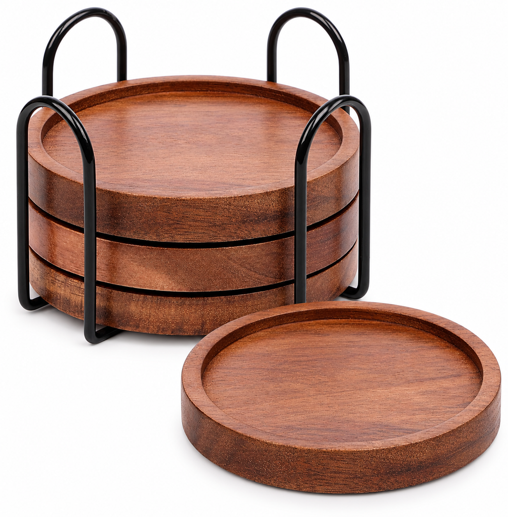 Round Acacia Wood Drink Coasters with Metal Holder, Set of 4