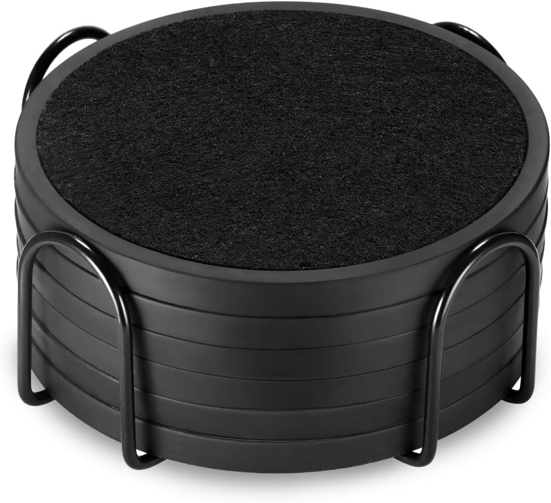 Black Silicone Coasters with Absorbent Felt Inserts and Holder, Set of 6