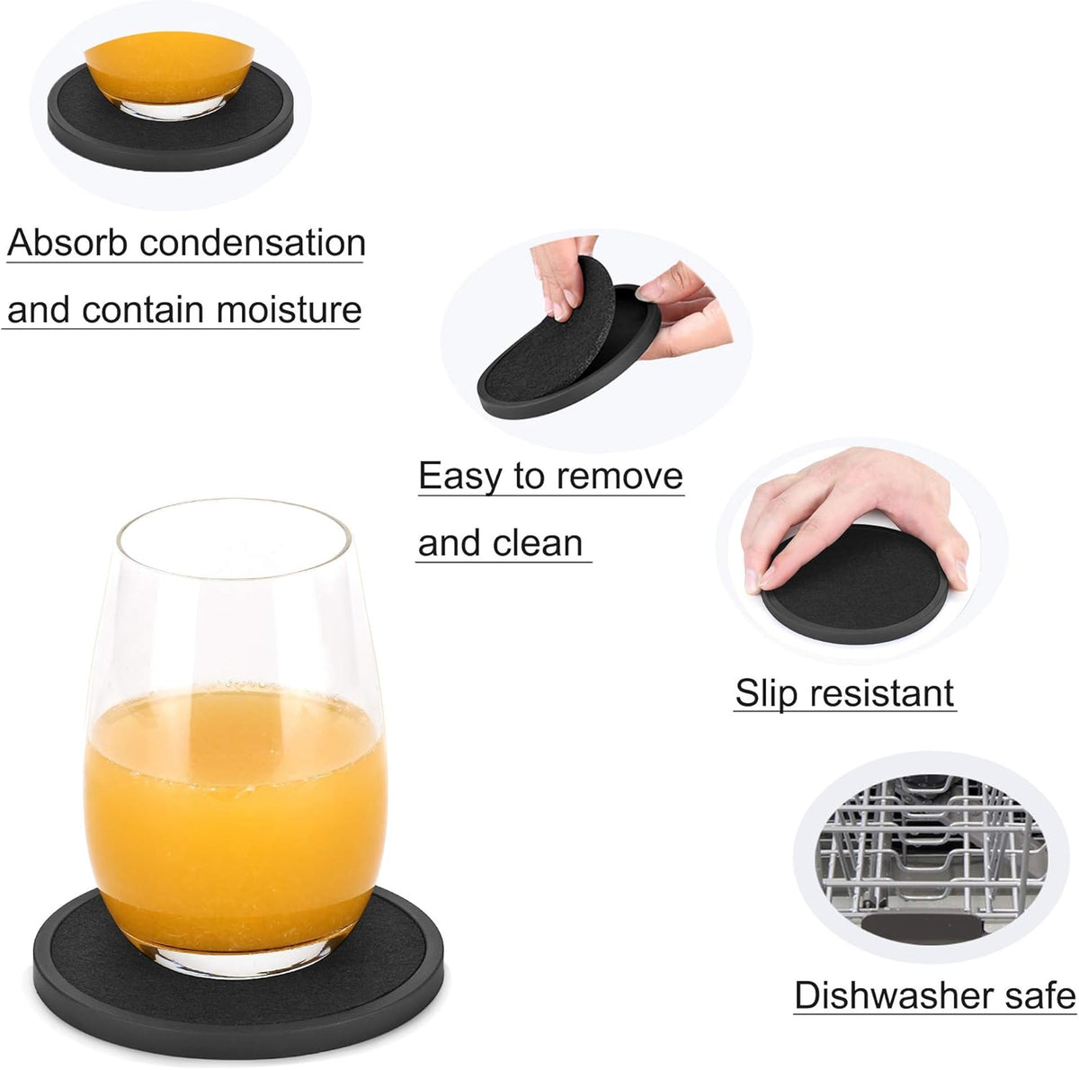 Black Silicone Coasters with Absorbent Felt Inserts and Holder, Set of 6
