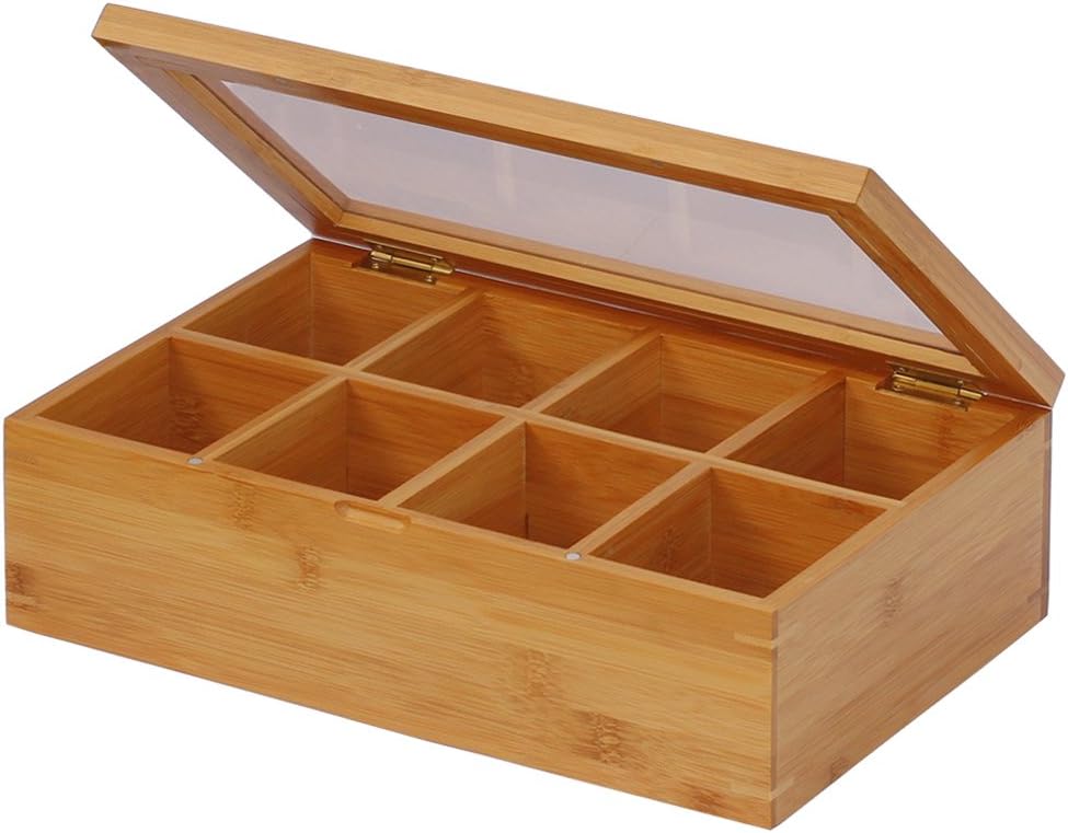 Bamboo Tea Box with Eight Compartments and Clear Lid