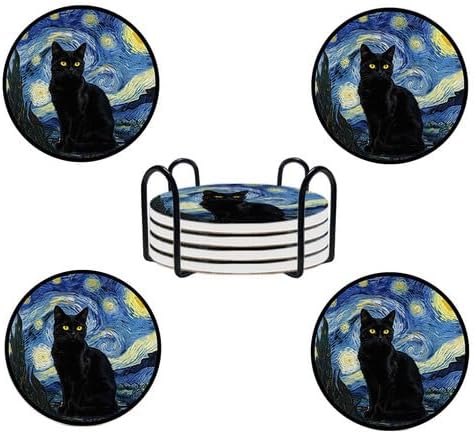 Starry Cat Ceramic Coaster Set with Holder, 4 Coasters