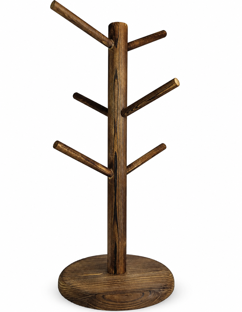 Brown Wooden Countertop Mug Tree with 6 Hooks
