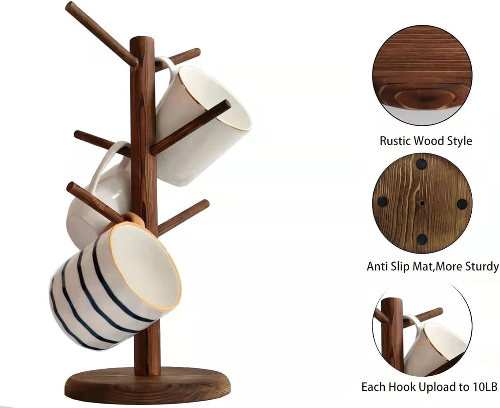 Brown Wooden Countertop Mug Tree with 6 Hooks