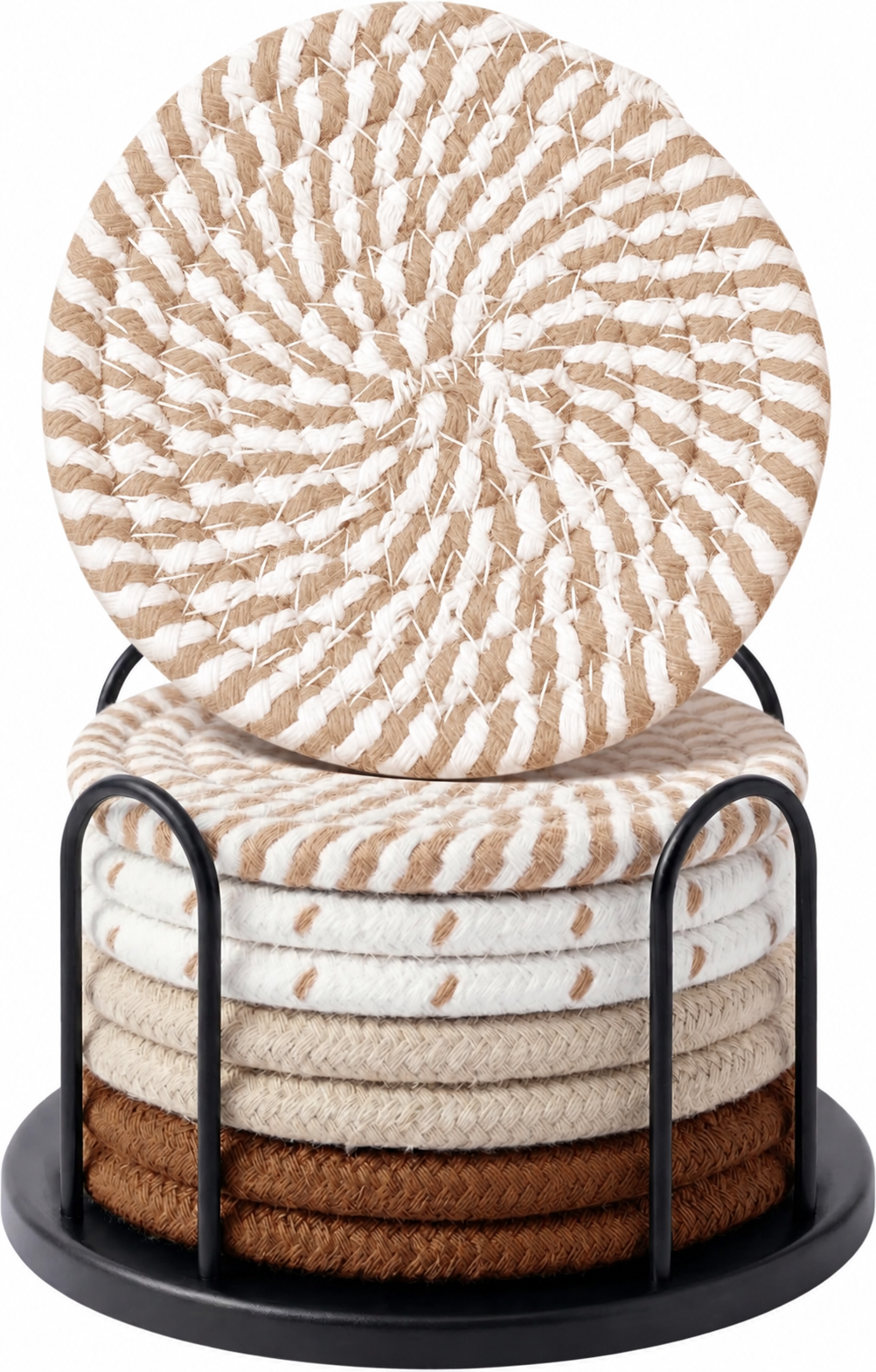 Round Woven Drink Coasters with Black Holder, Set of 8