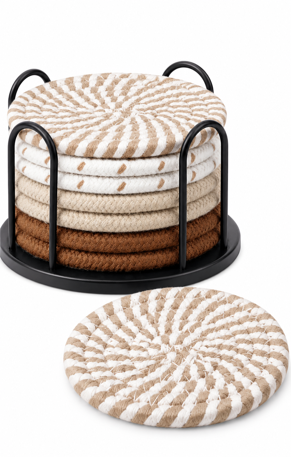 Round Woven Drink Coasters with Black Holder, Set of 8