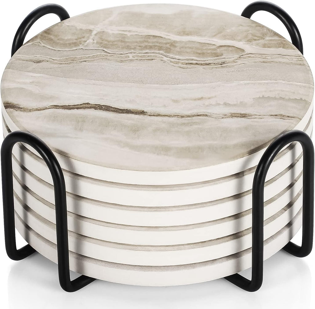 Yellow Marble Look Ceramic Drink Coasters with Holder, Set of 6