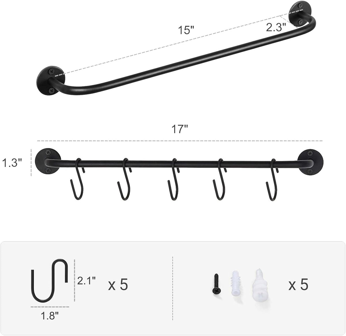 Black Wall-Mounted Mug Rail with 5 Hooks