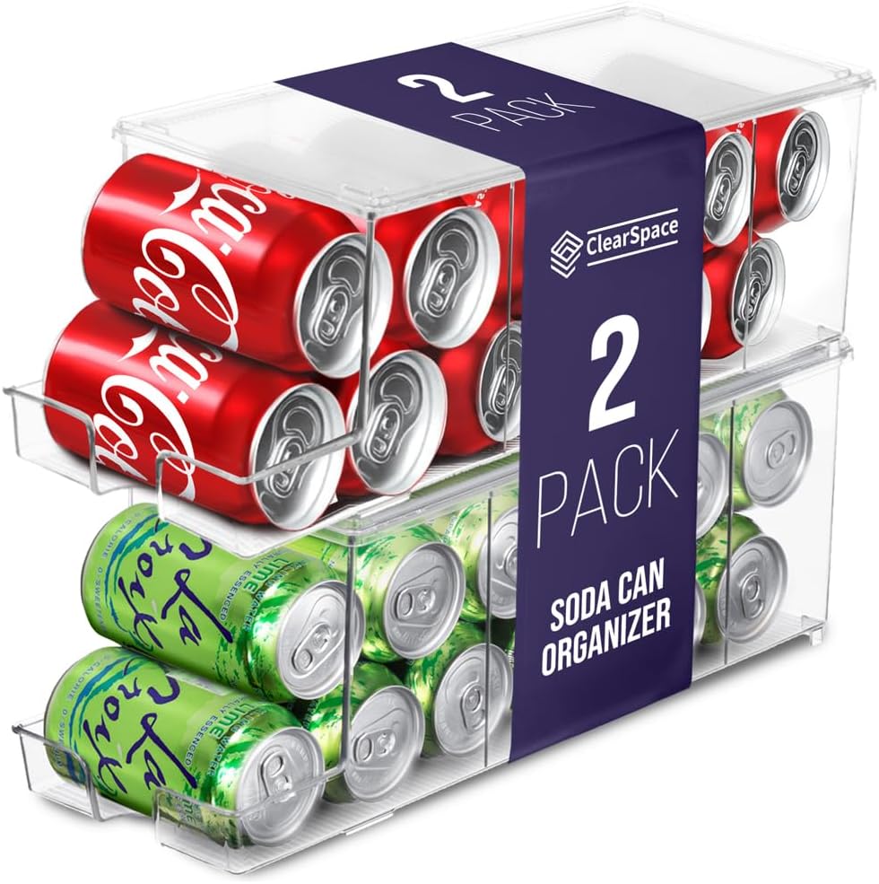 Clear Stackable Soda Can Dispenser Organizers with Lids, Set of 2