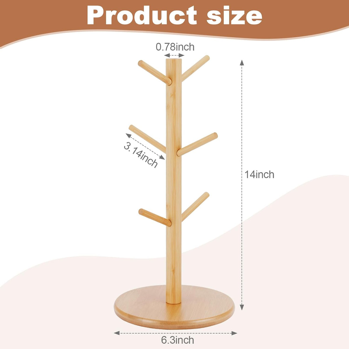 Natural Bamboo Countertop Mug Tree with 6 Hooks